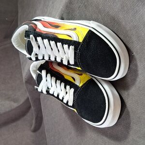 Vans Old Skool Black Red Orange Yellow Flames Suede Canvas Sneakers VG- US 7